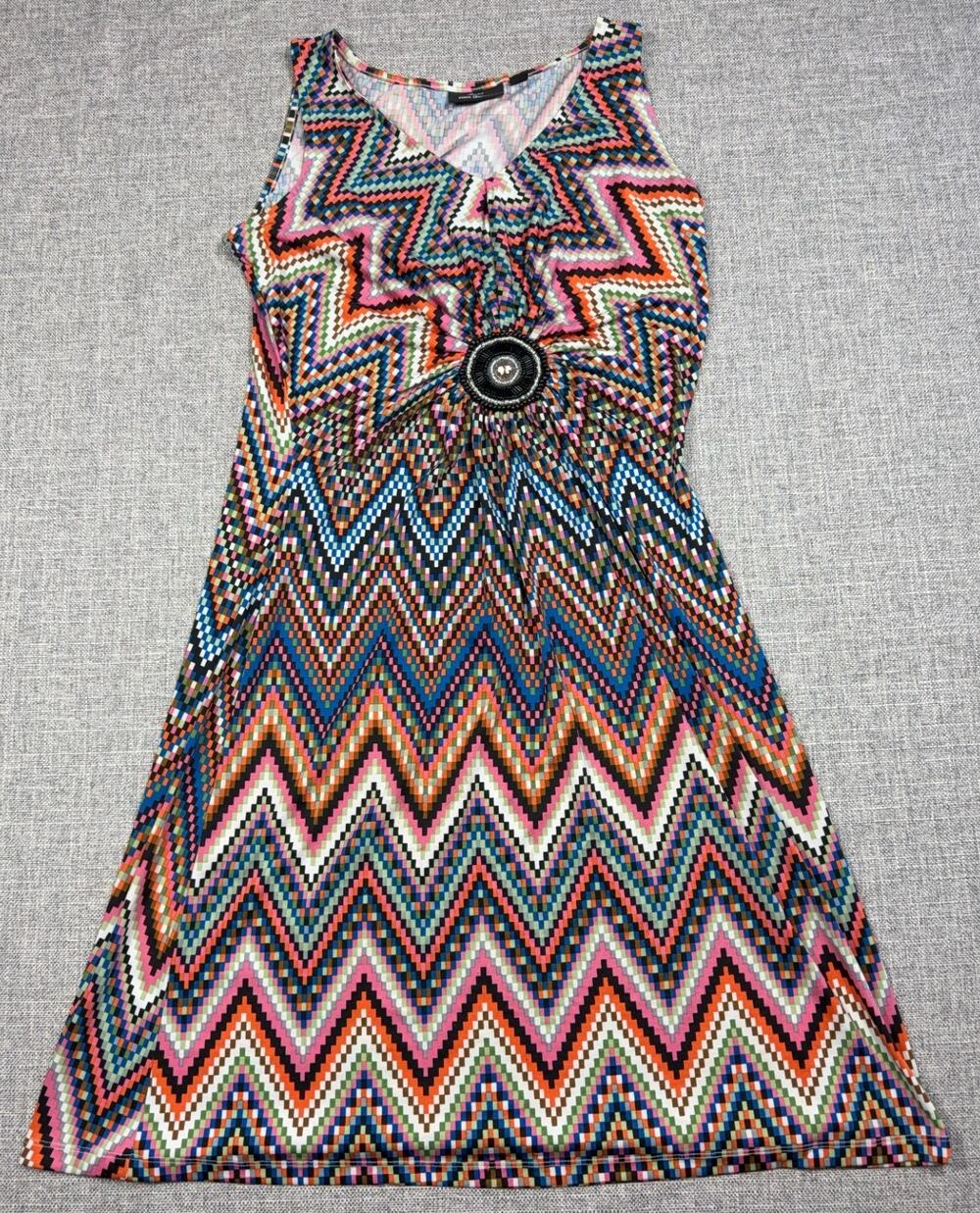 Lennie for Nina Leonard Dress Medium Chevron Beaded V Neck Sleeveless Stretch